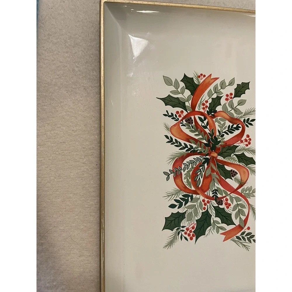 Set Of 2 VTG Otagiri Japan Tray Platter Christmas Red Bow Lauqerware  8.5x6